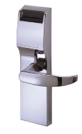 Silver Onity lock with a lever handle.