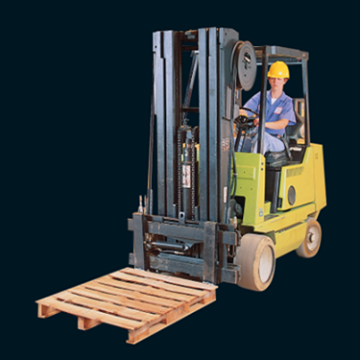 Person operating forklift with wooden pallet.