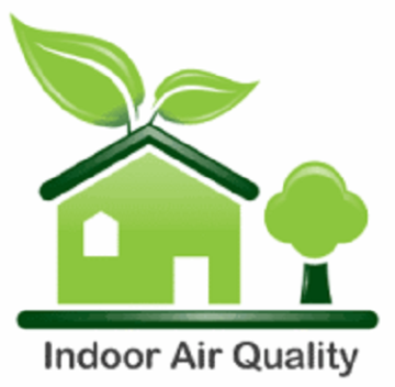 Green house icon with leaves and tree, text Indoor Air Quality.