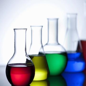 Beakers with various colored liquids