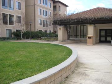 Courtyard with a curved grassy area and surrounding buildings labeled Sobrato Courtyard.