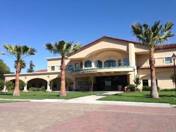 Vari Patio with palm trees and a modern building under a clear blue sky.